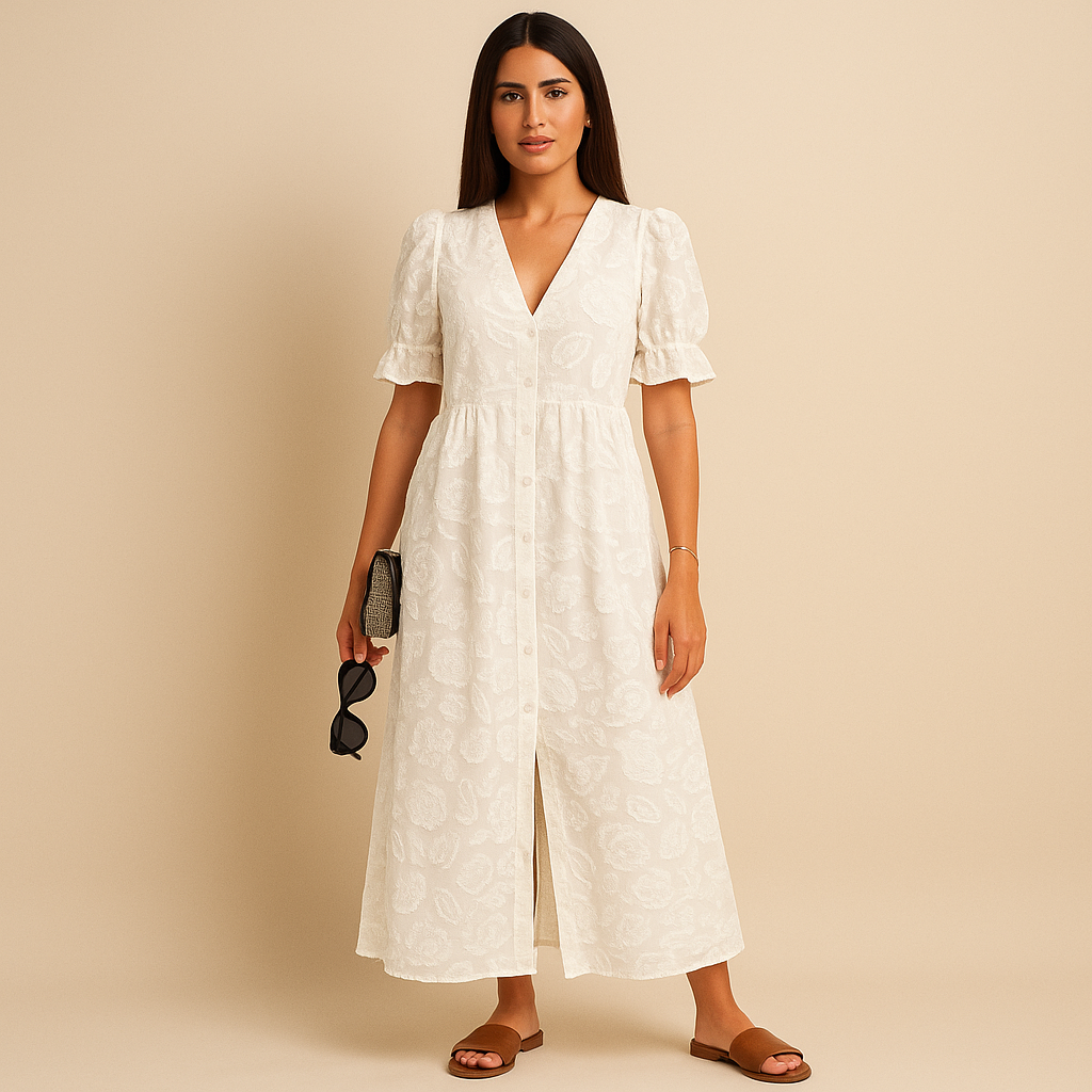 Aurelia – Lungo Bianco con Scollo a V e Spacco Elegante