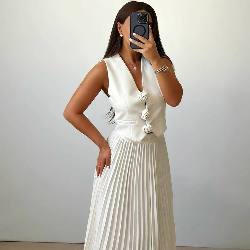 Rosaire | Set con Gilet a Fiori e Gonna Plissé